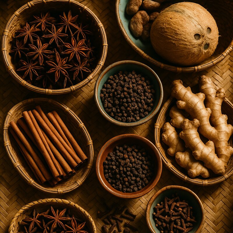 Overhead flat-lay of Asian spices and ingredients arranged in traditional woven baskets and ceramic bowls