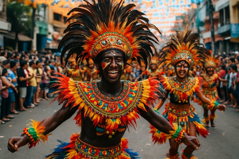 Colorful Ati-Atihan Festival parade in Kalibo with dancers in tribal costumes and face paint