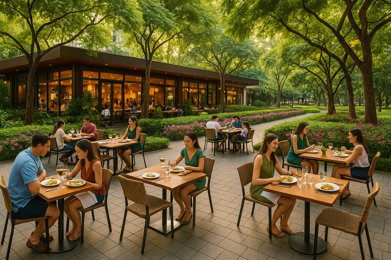 Al fresco dining area surrounded by greenery at Ayala Triangle restaurants