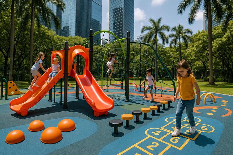 Modern children's playground with slides and jungle gym equipment