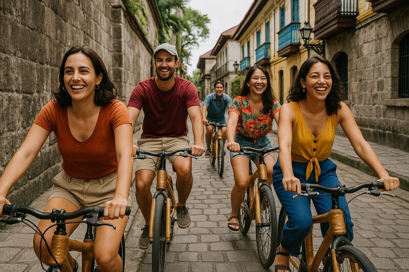 Group of tourists riding eco-friendly bamboo bikes on historic streets in Intramuros