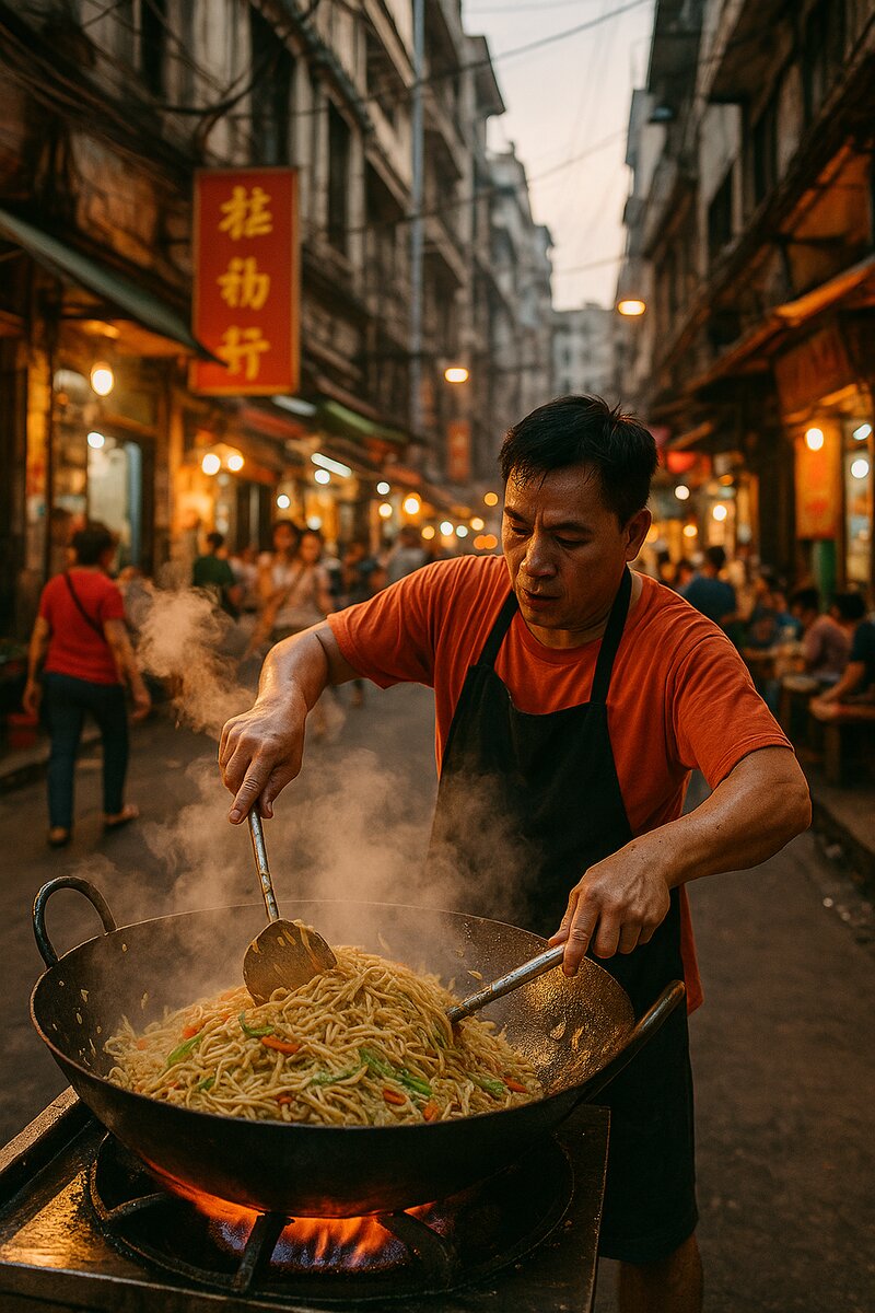 Street food vendor preparing pancit noodles in large wok, steam rising, dynamic cooking action captured
