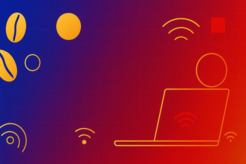 Coffee beans, WiFi symbols, and laptop illustration representing BGC's remote work coffee shop scene