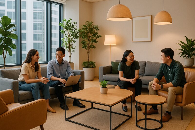 Casual lounge area with comfortable seating and ambient lighting for informal discussions