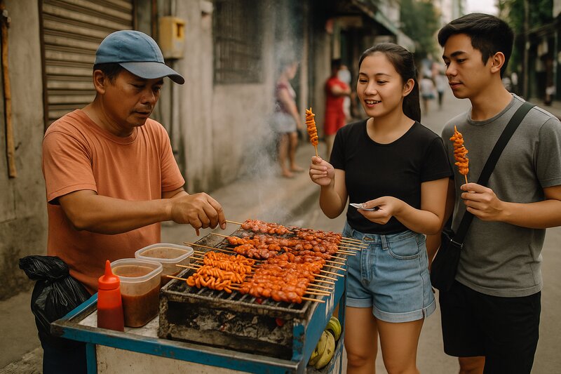 Street food vendor serving meals in Manila with prices displayed