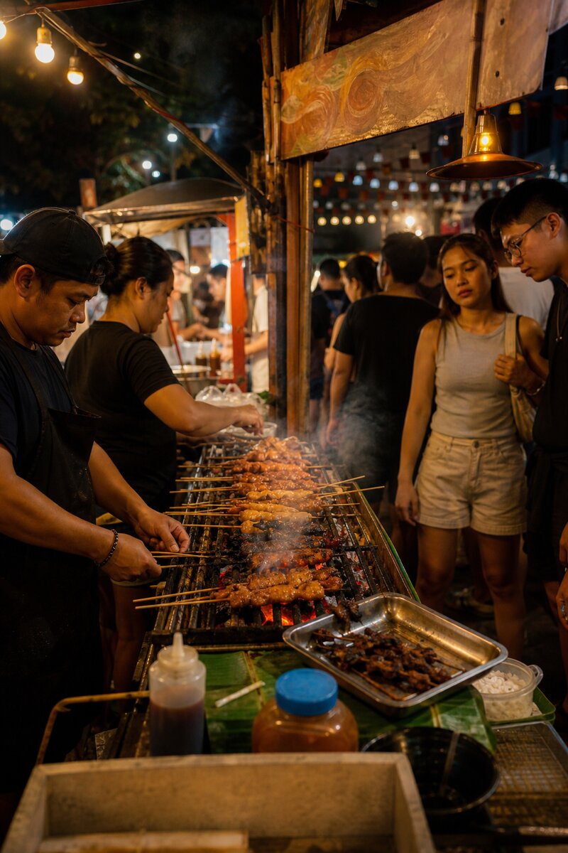 A glowing night market food stall strung with fairy lights, vendors grilling skewers over charcoal as a crowd browses in the warm evening light