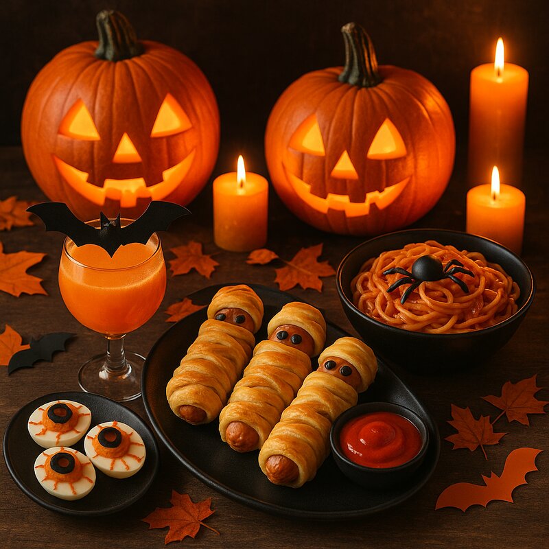 Halloween-themed food and drink setup at party venue