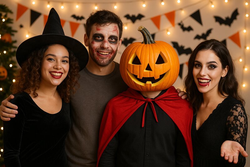 Group of friends in coordinated Halloween costumes
