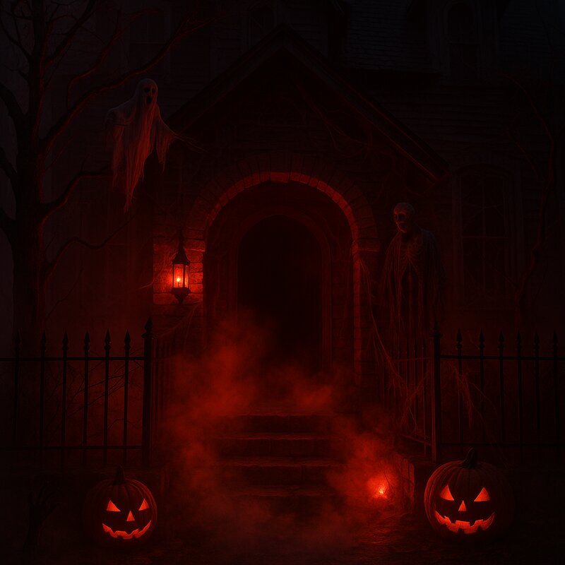 Spooky haunted house entrance with atmospheric lighting