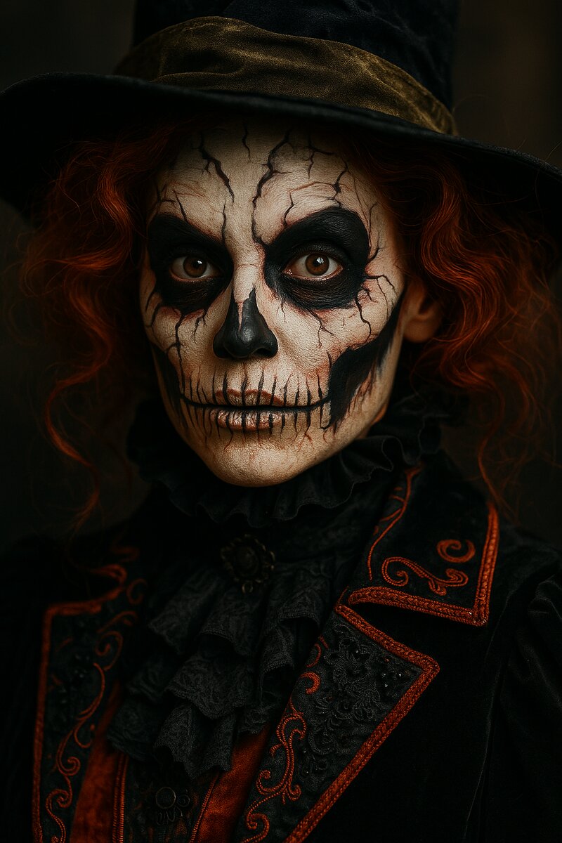 Detailed Halloween makeup and costume details
