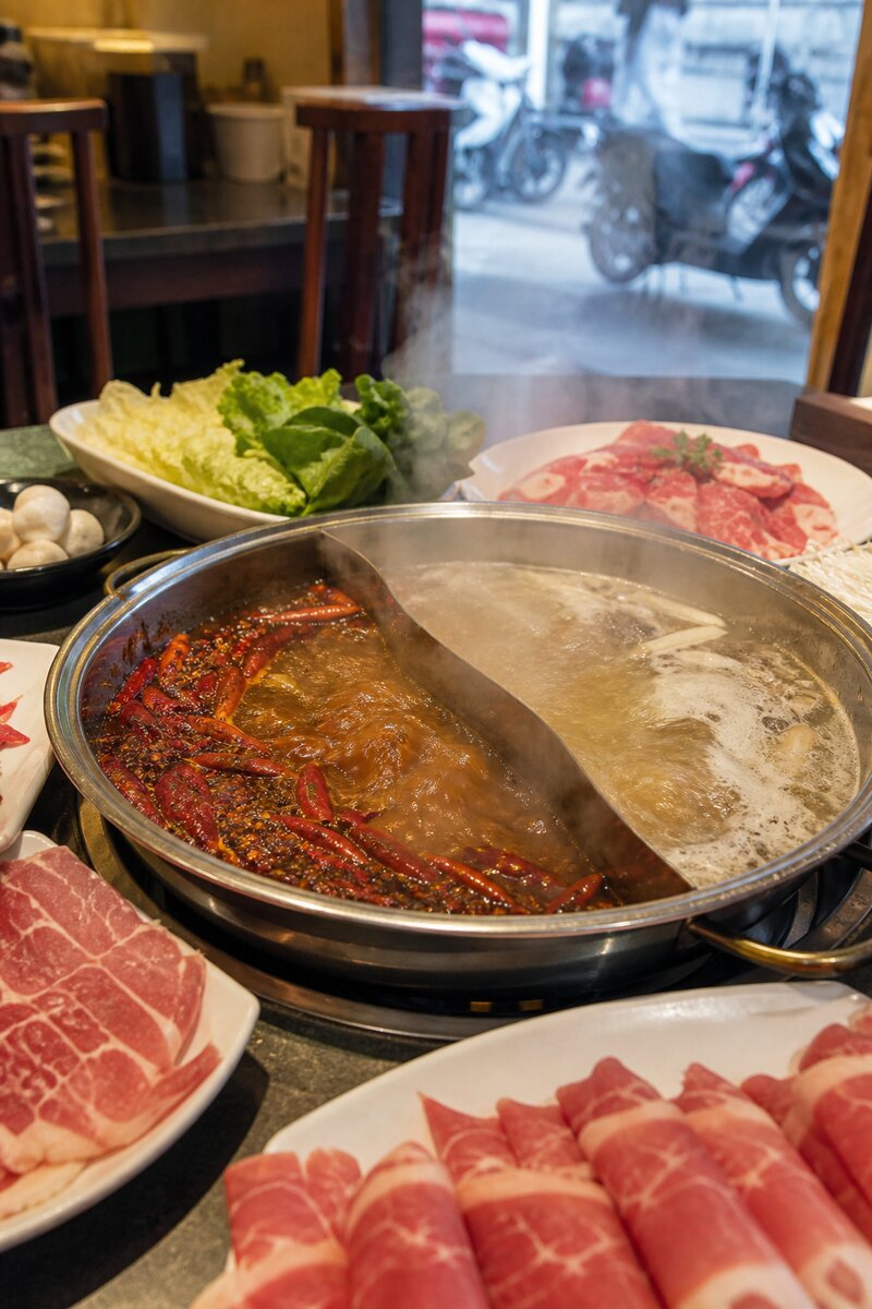 A bubbling divided hotpot with spicy red mala broth on one side and clear broth on the other, surrounded by platters of thinly sliced raw beef and fresh vegetables