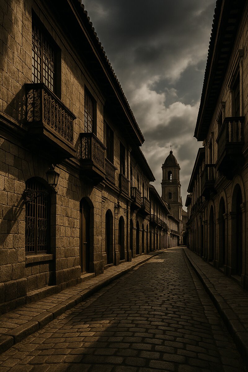 Narrow cobblestone street in Intramuros with colonial buildings on both sides and glimpse of church spire