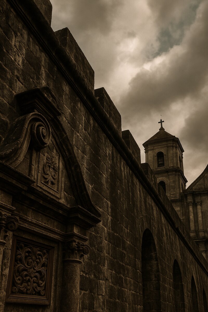 Stone walls and baroque architecture of Intramuros, the historic walled city of Manila
