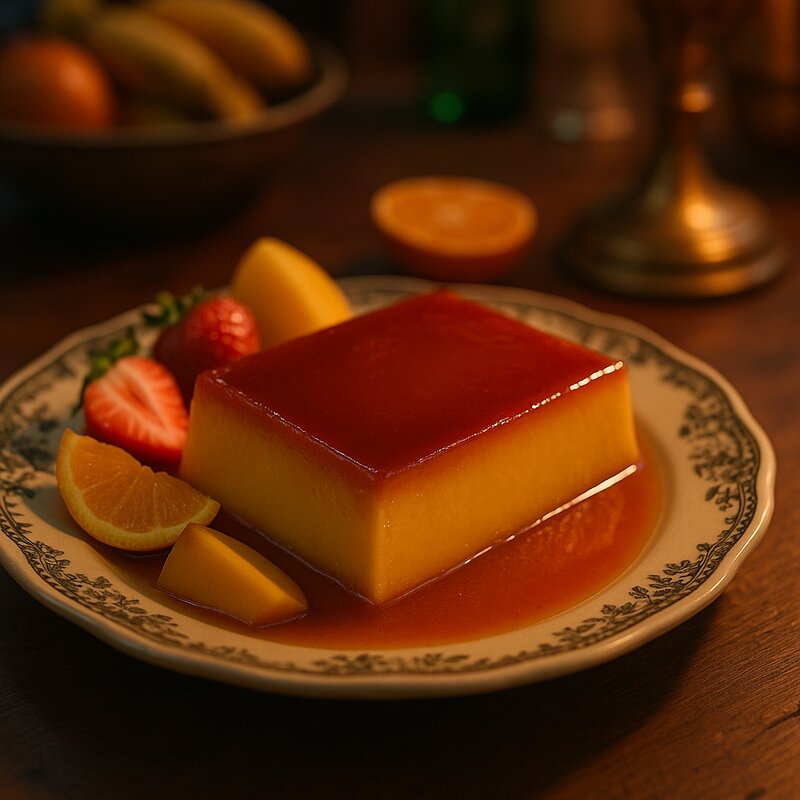 Golden leche flan with glistening caramel coating on ceramic plate