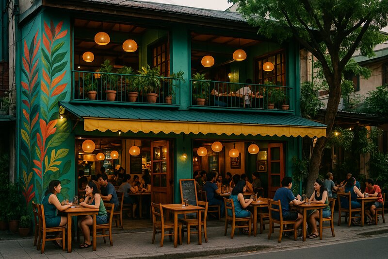 Colorful restaurant facades along Maginhawa