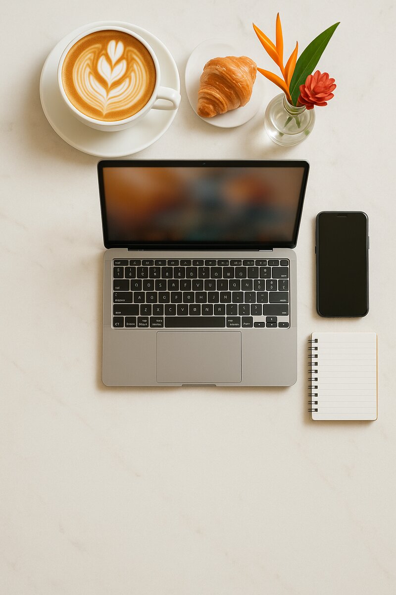 Overhead view of latte with latte art, croissant, tropical flowers, and laptop on marble cafe table in Makati
