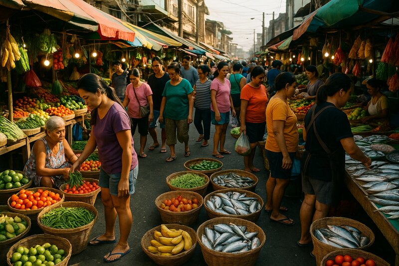 Vibrant street market scene showing local vendors and colorful market stalls typical of Malabon
