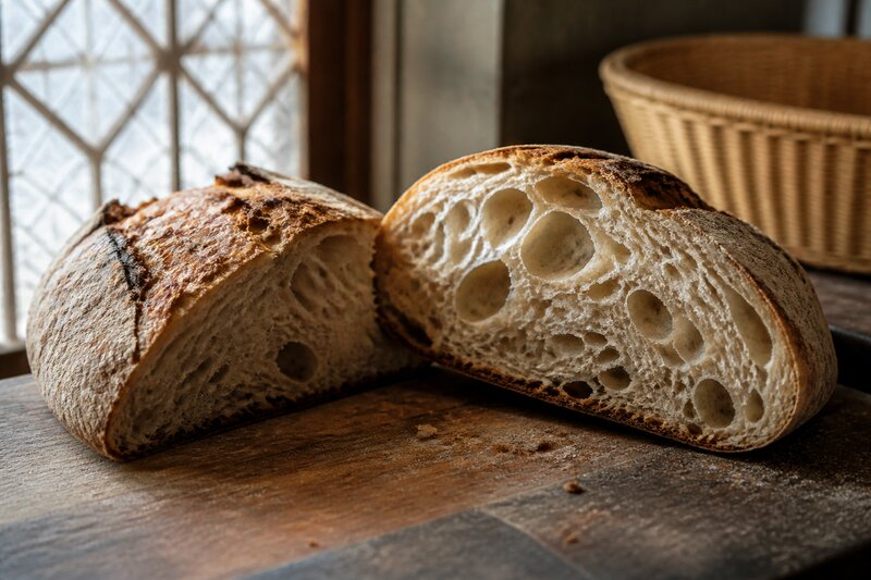 A halved sourdough loaf showing an open, airy crumb and blistered crust