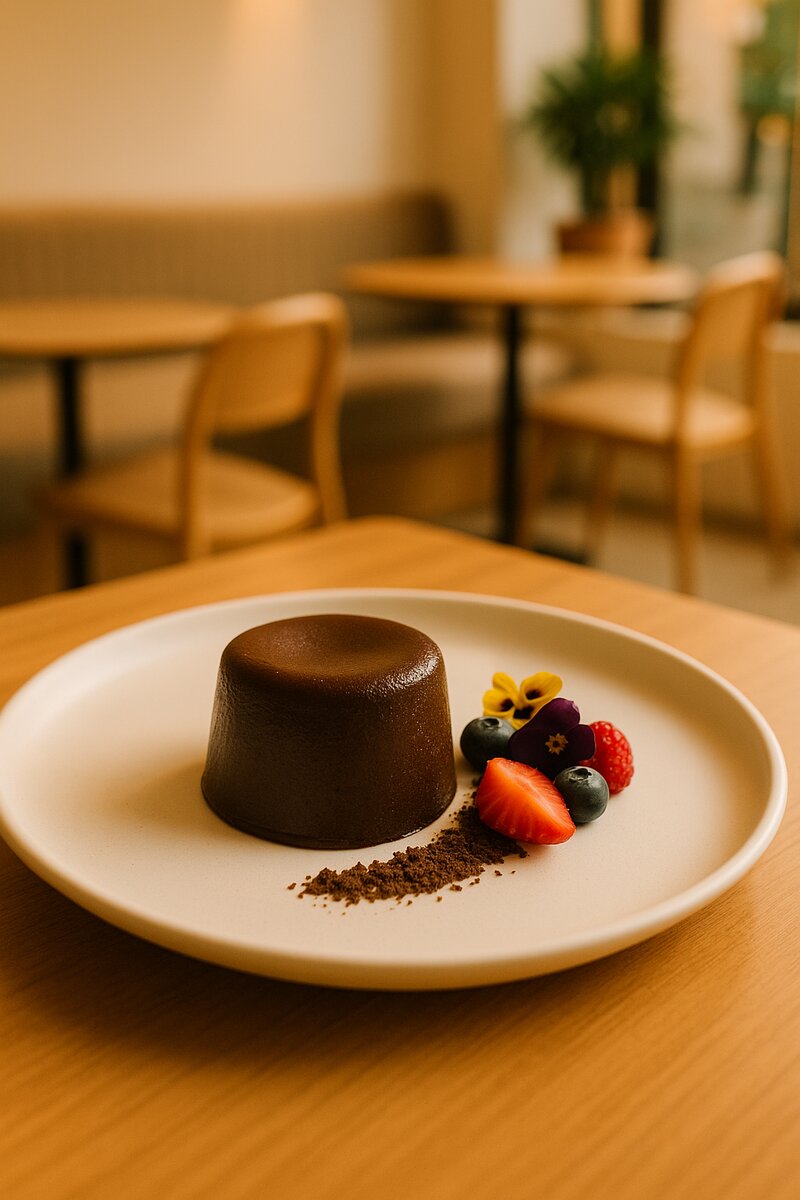 Decadent chocolate lava cake with berries and edible flowers