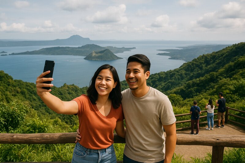 Scenic Taal Lake and volcano view from Tagaytay with tourists taking photos