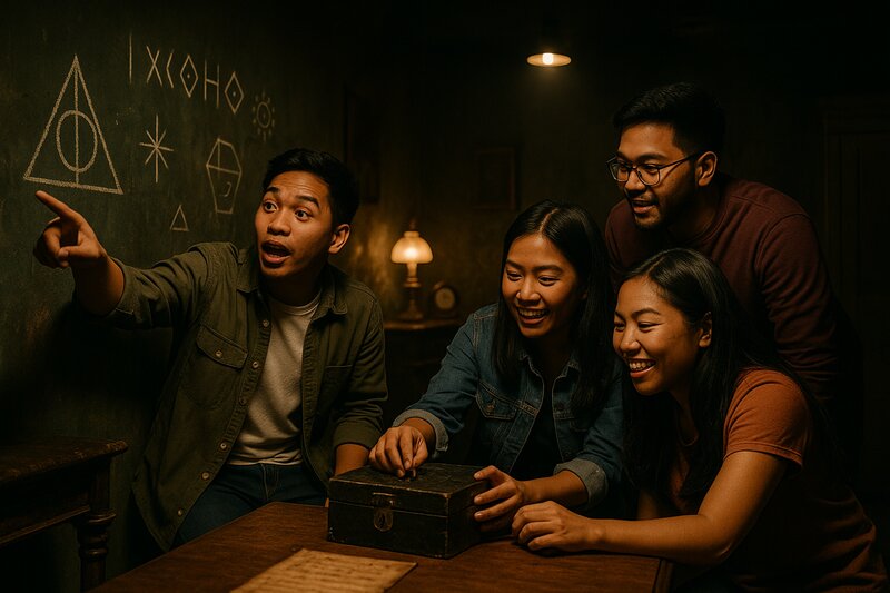 Friends working together to solve puzzles in an escape room in Manila
