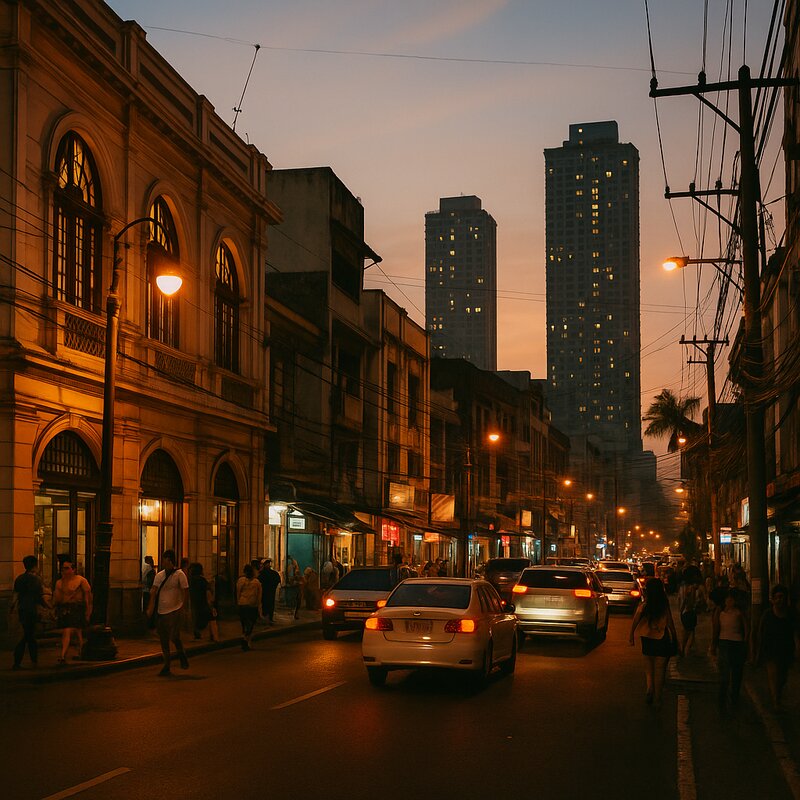 Manila neighborhood during golden hour with warm lighting and street activity