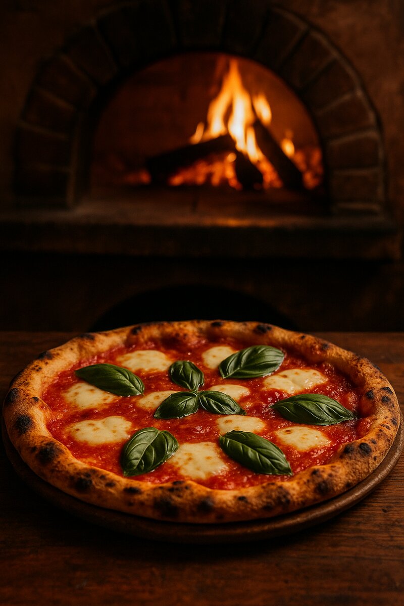 Wood-fired pizza oven with authentic Neapolitan pizza