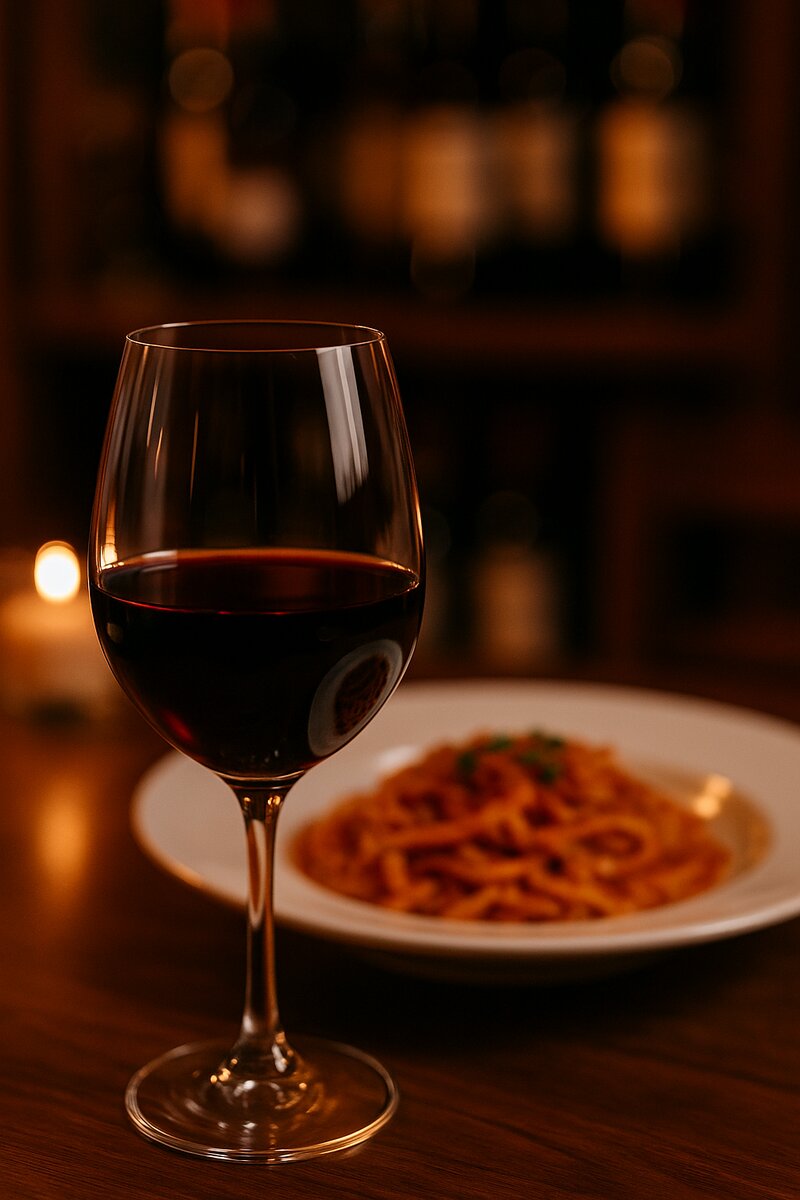Wine glasses and bottle paired with Italian fine dining dishes