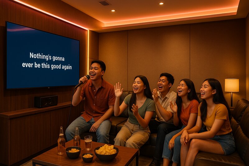 Friends singing karaoke in a private KTV room in Manila