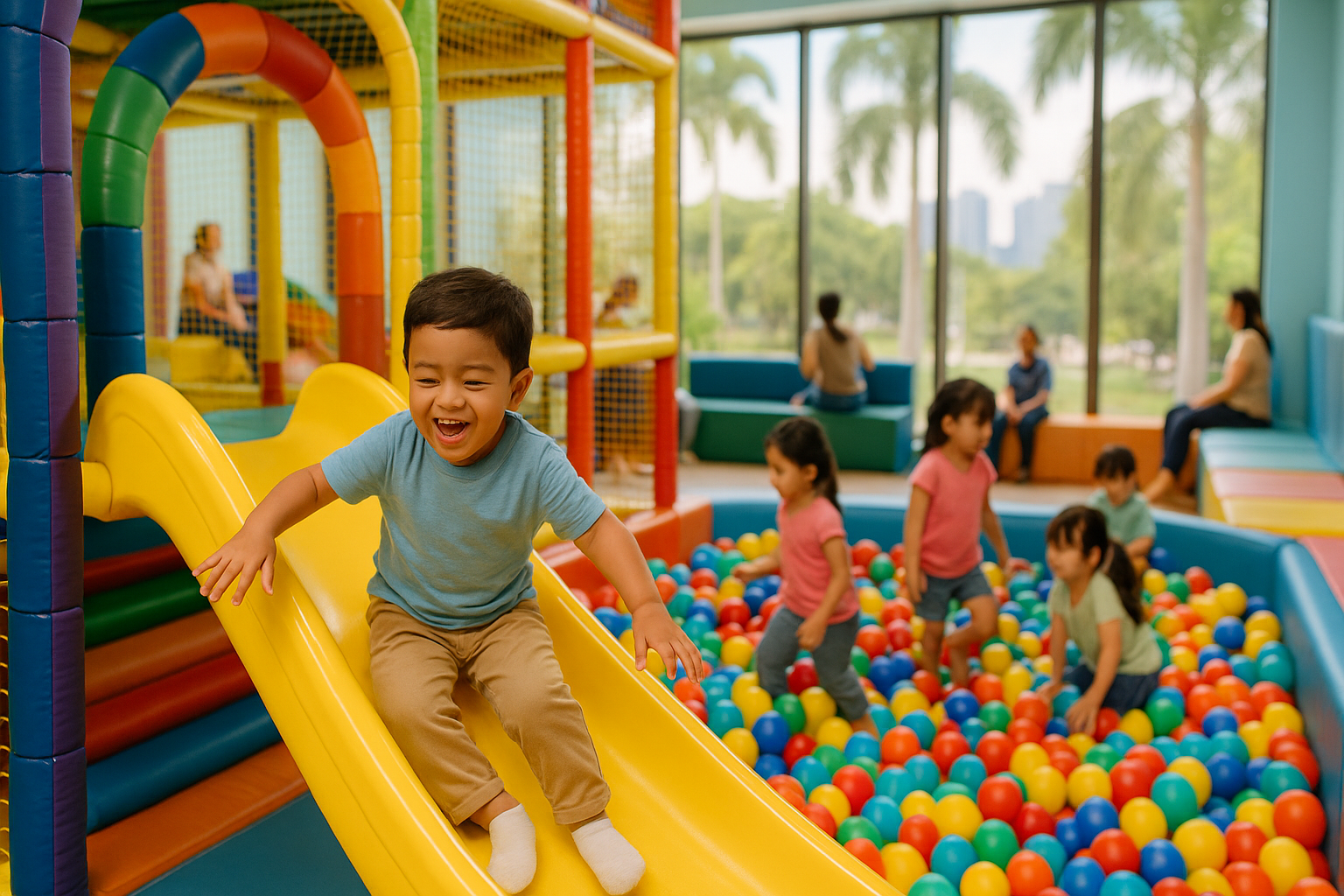 Happy children playing at colorful indoor playground in Metro Manila