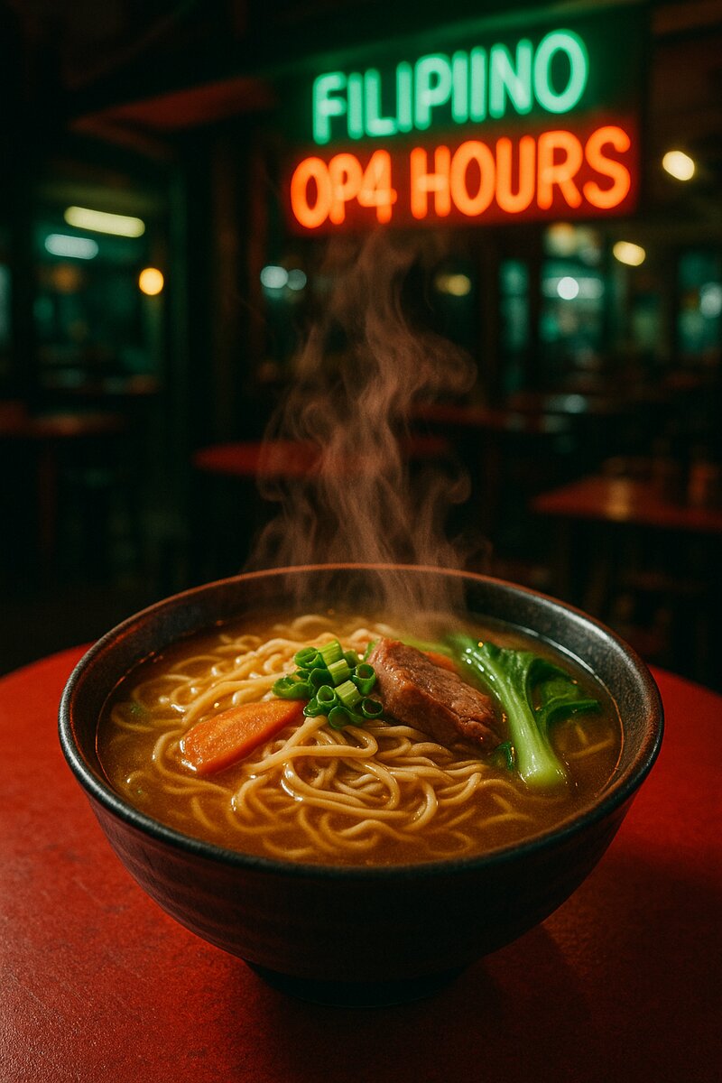 Steaming bowl of noodle soup with broth, vegetables, and meat