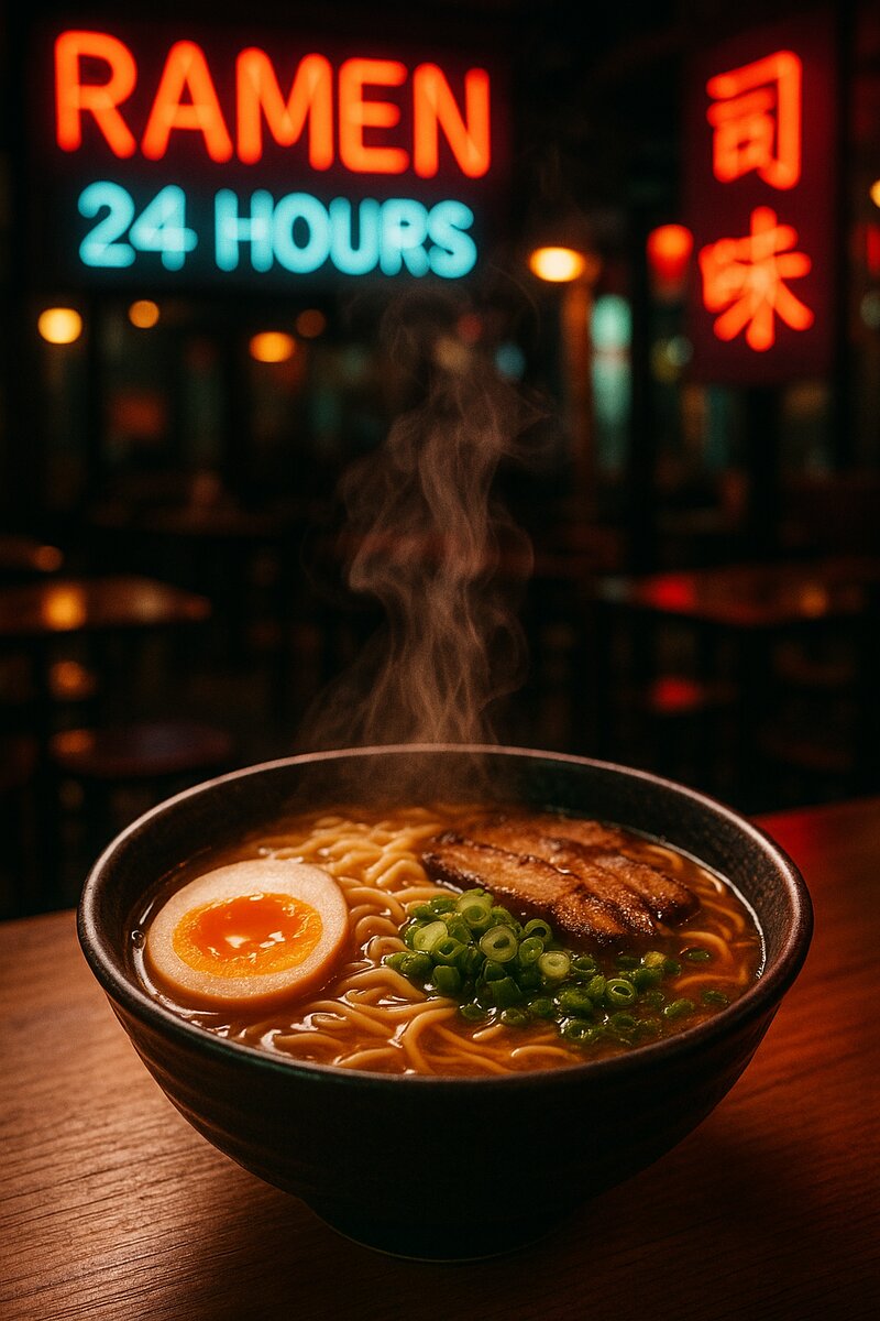 Steaming bowl of ramen noodles in rich broth with toppings