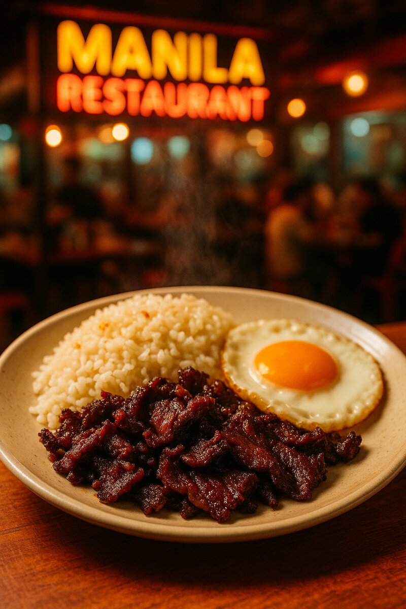 Tapa Filipino cured meat served with fried rice and egg