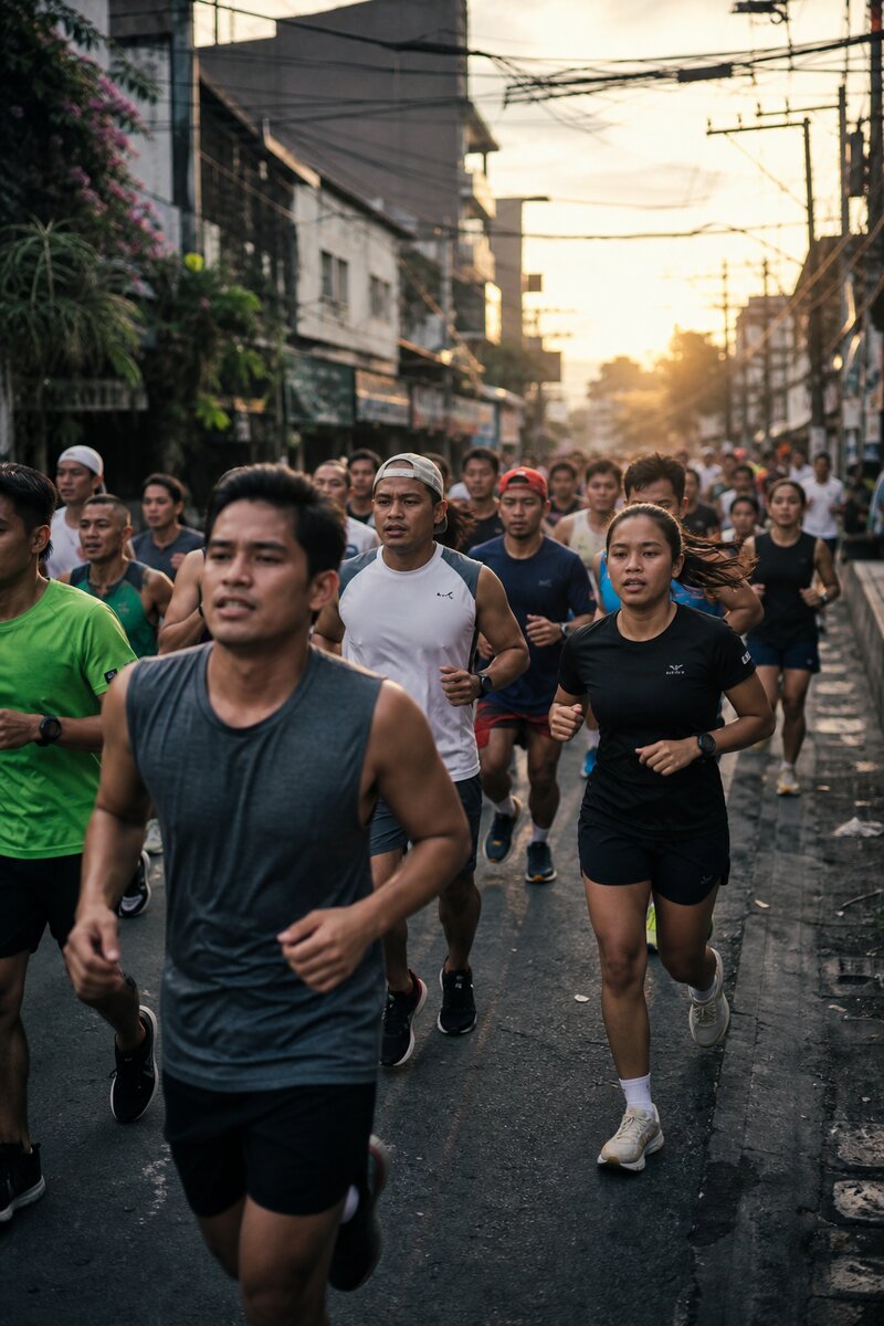 A large group of runners in athletic gear setting off together at sunrise on a Metro Manila city street