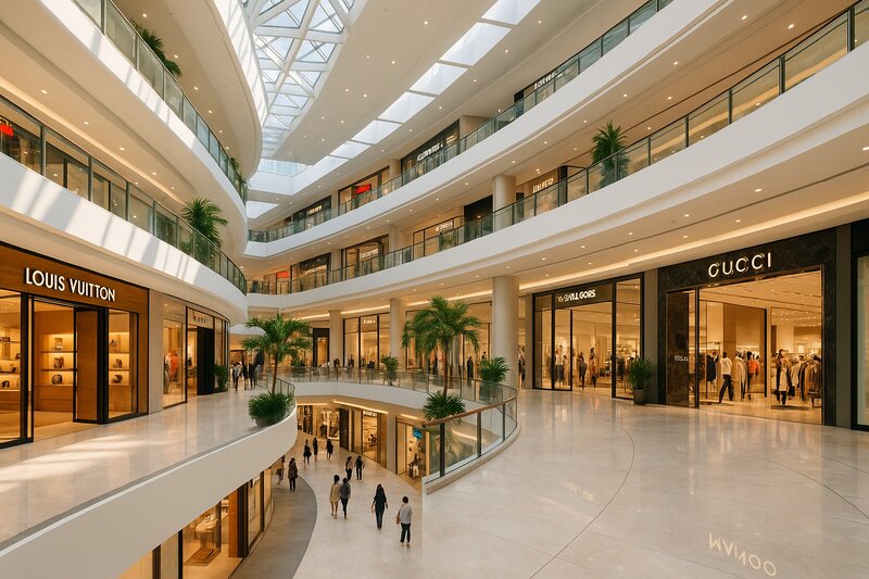 Modern shopping mall interior in Manila with multiple levels and shoppers