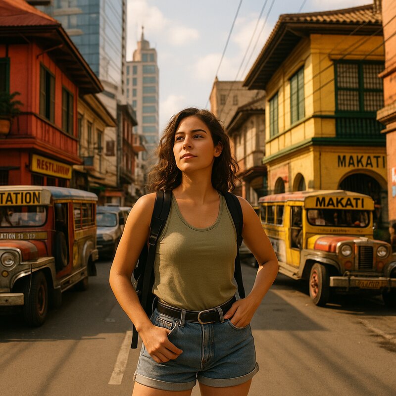 Young solo female traveler exploring vibrant Manila streets, surrounded by local culture and city energy