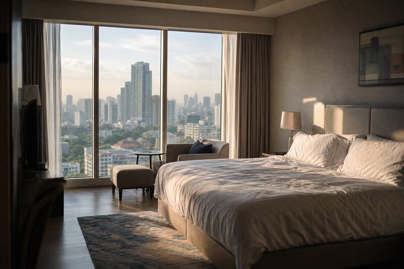 Spacious hotel suite with a made bed and floor-to-ceiling city view windows