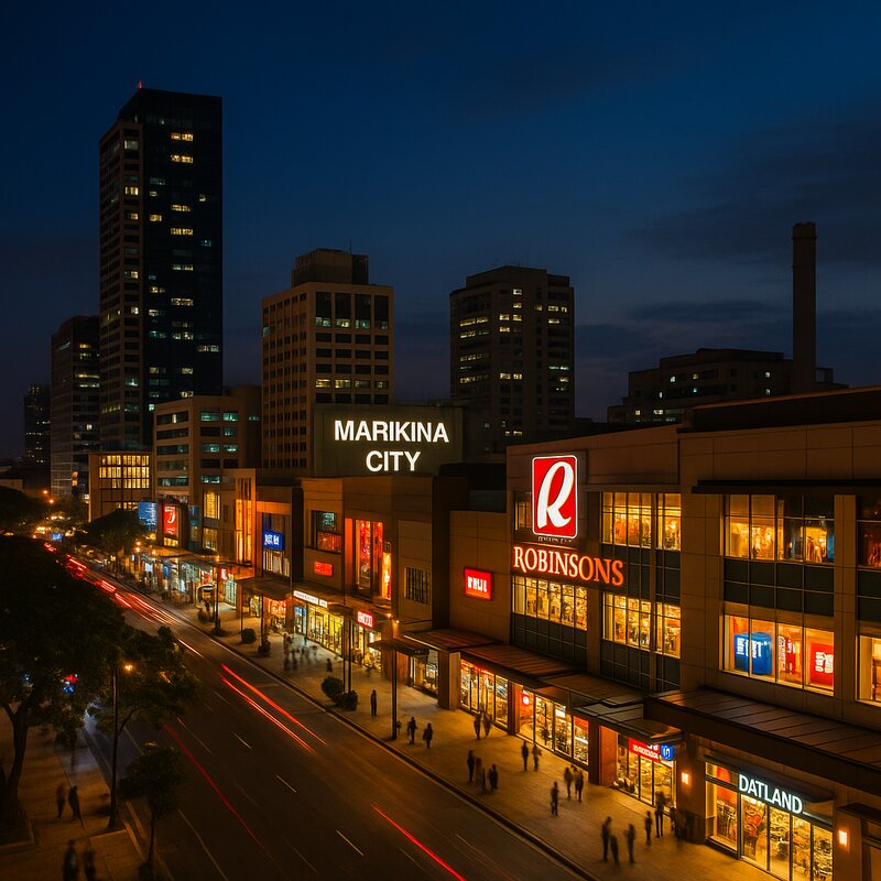 Evening business district with illuminated shops and commerce