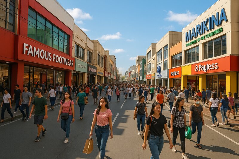 Shopping district with retail stores and pedestrian activity