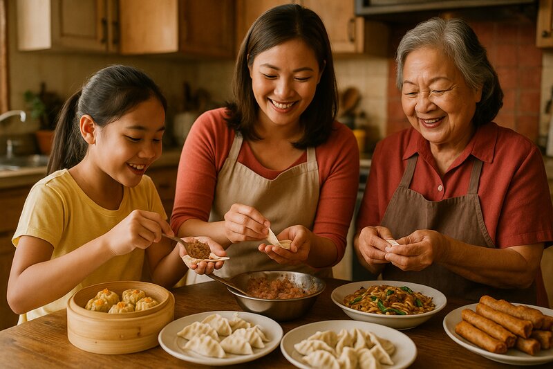 Multi-generational Filipino family cooking Chinese-Filipino fusion dishes together in home kitchen