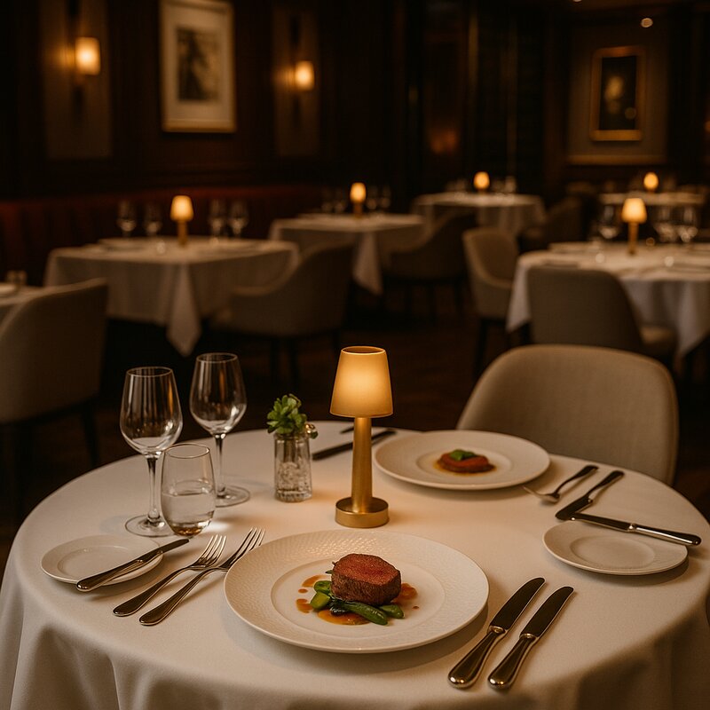 Luxurious fine dining restaurant interior with elegant table settings and refined ambiance