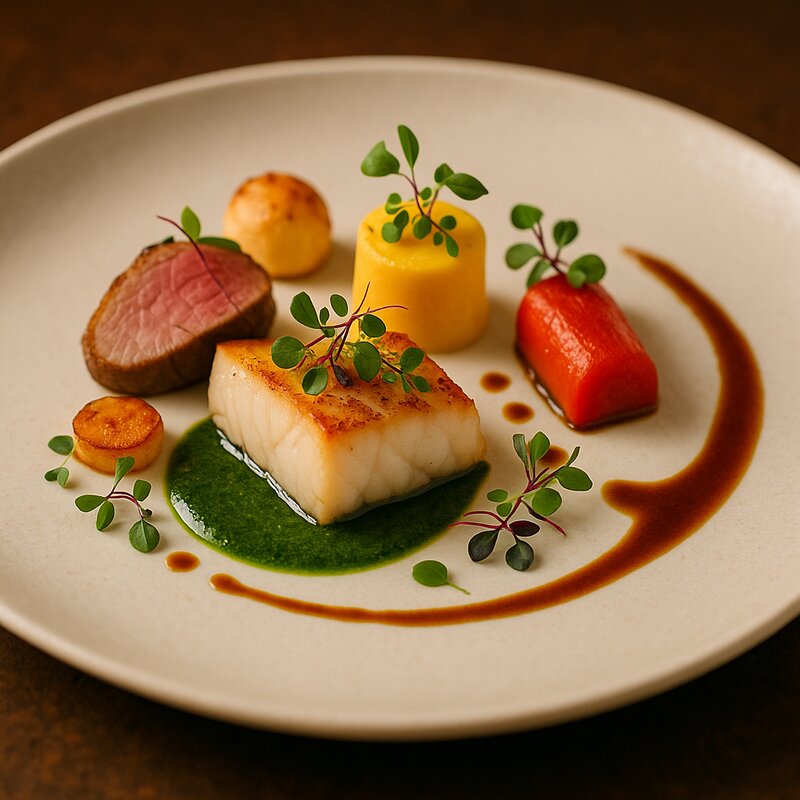 Beautifully plated multi-course dish with artistic presentation and micro-greens