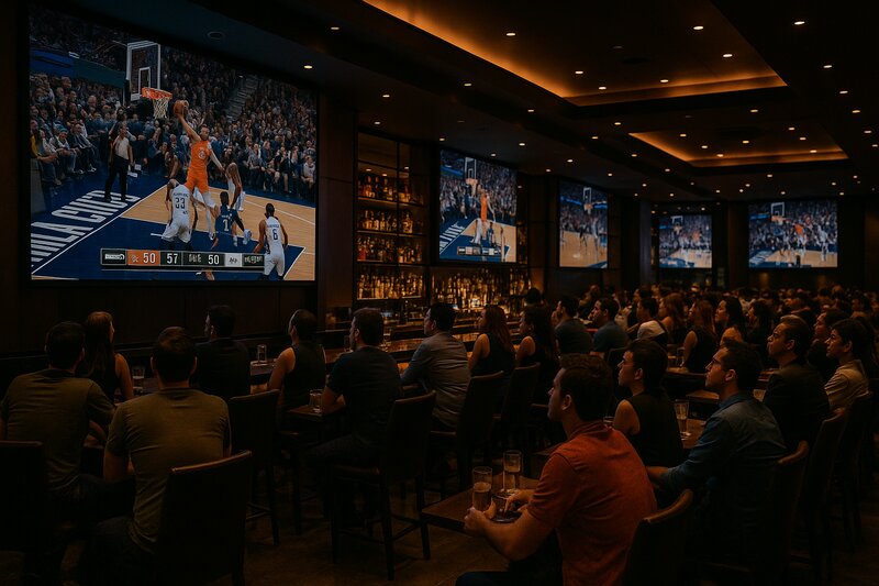 Multiple large HD screens broadcasting NBA basketball game at an upscale Manila sports bar