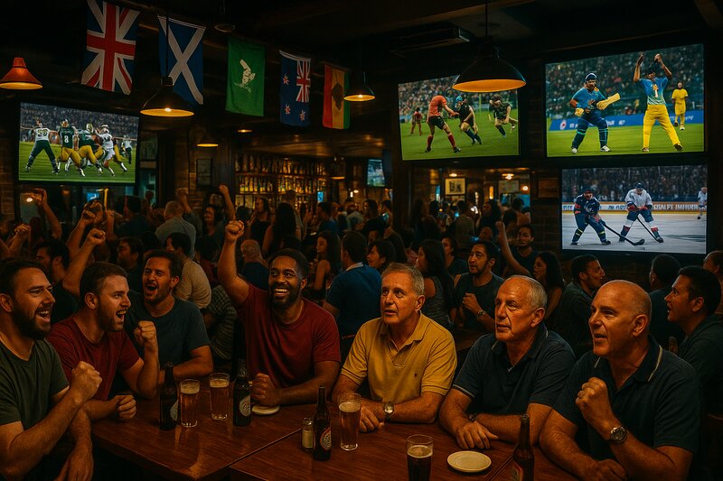 Sports bar with multiple screens showing various international sports including American football, rugby, and cricket