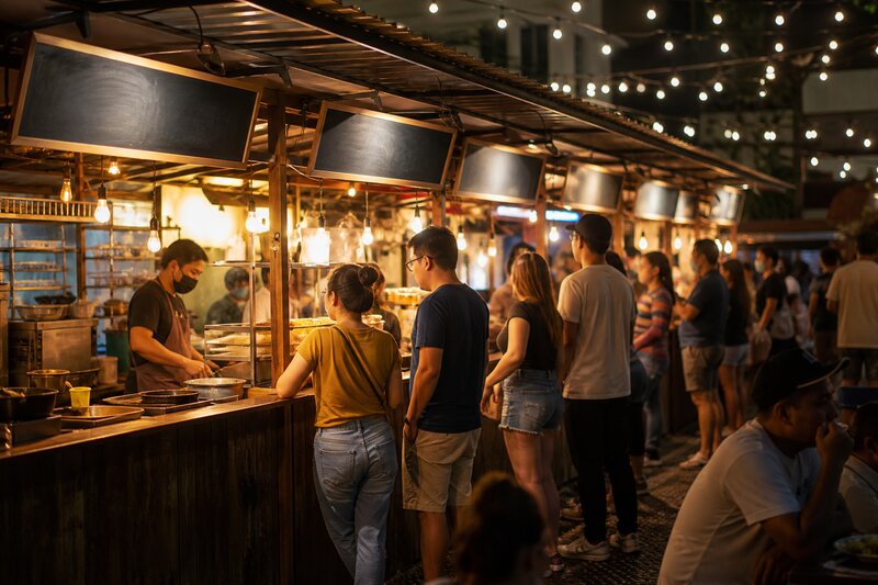 A row of gourmet food-park stalls glowing at night, chalkboard menus and fairy lights overhead, diners lined up to order