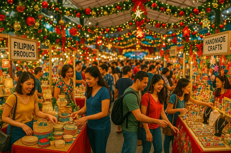 Local artisan booths displaying handmade crafts and Filipino products