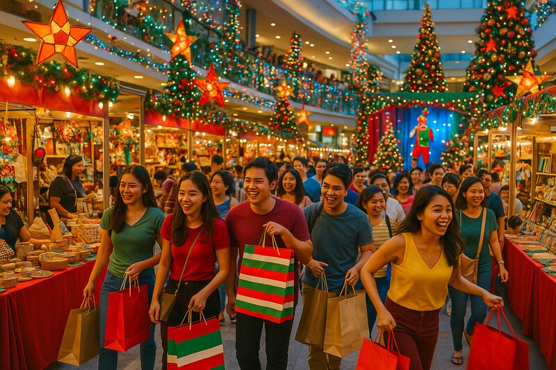 Energetic crowd of holiday shoppers discovering unique gifts and local products