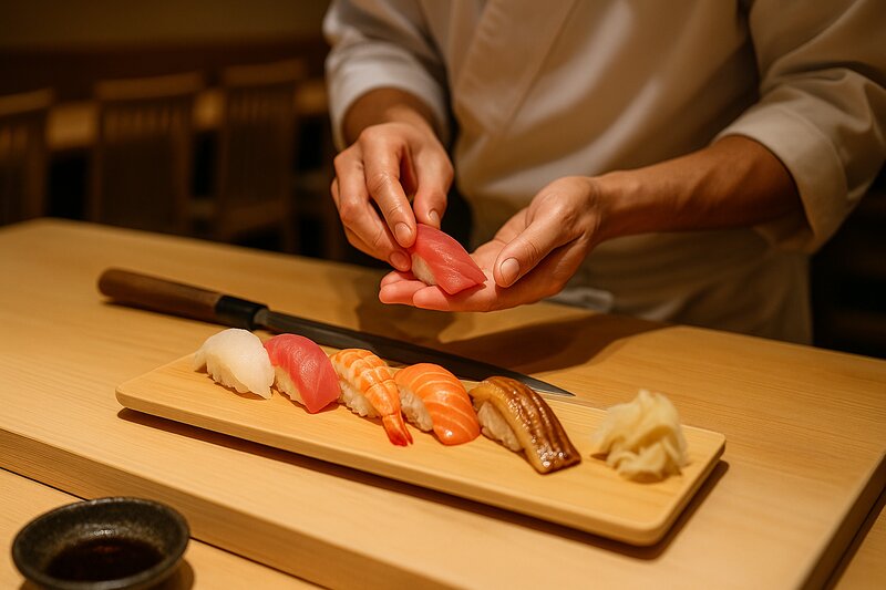 Expert sushi chef's hands skillfully shaping nigiri with precision