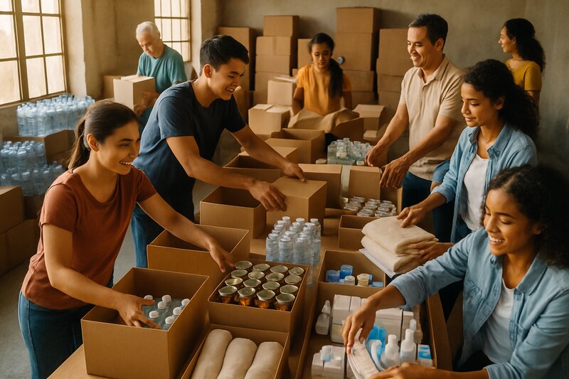 Community volunteers preparing relief supplies for earthquake and typhoon survivors in the Philippines