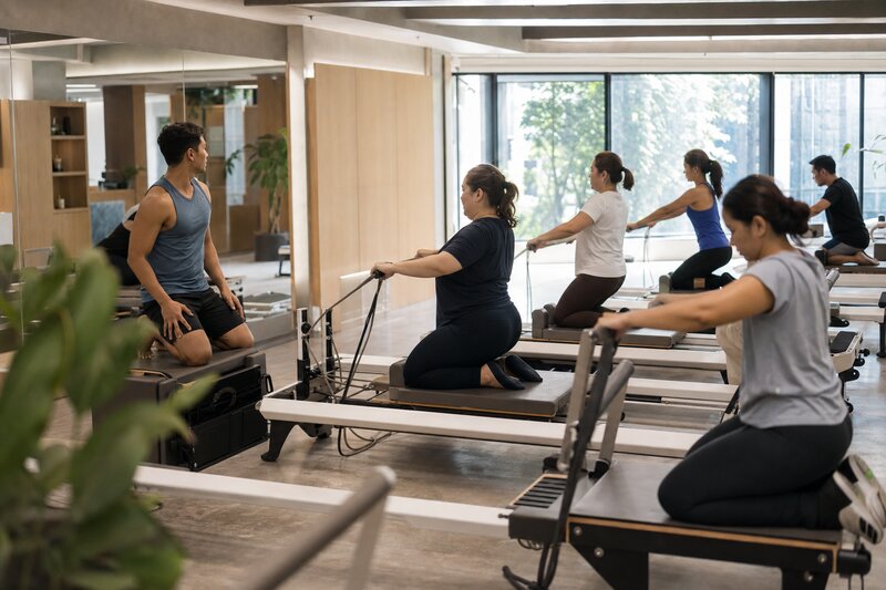 A group reformer Pilates class following an instructor in a modern Manila studio